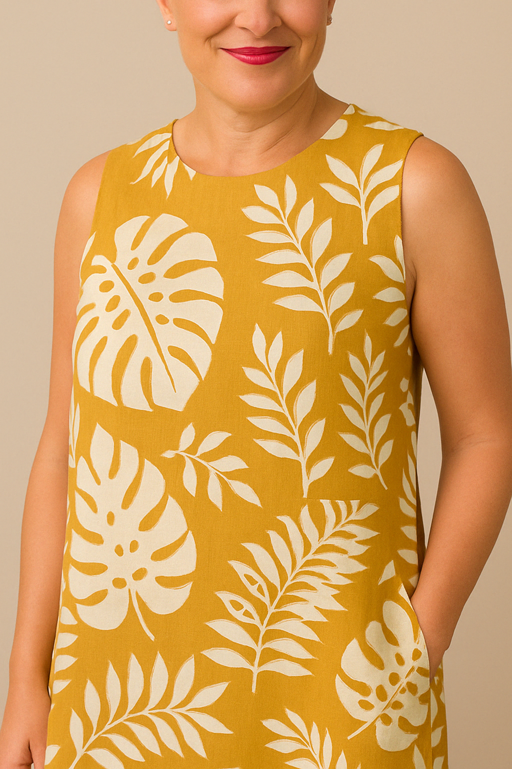 YSELLA | ELEGANT SLEEVELESS DRESS WITH LEAF PRINT