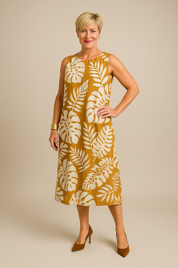 YSELLA | ELEGANT SLEEVELESS DRESS WITH LEAF PRINT